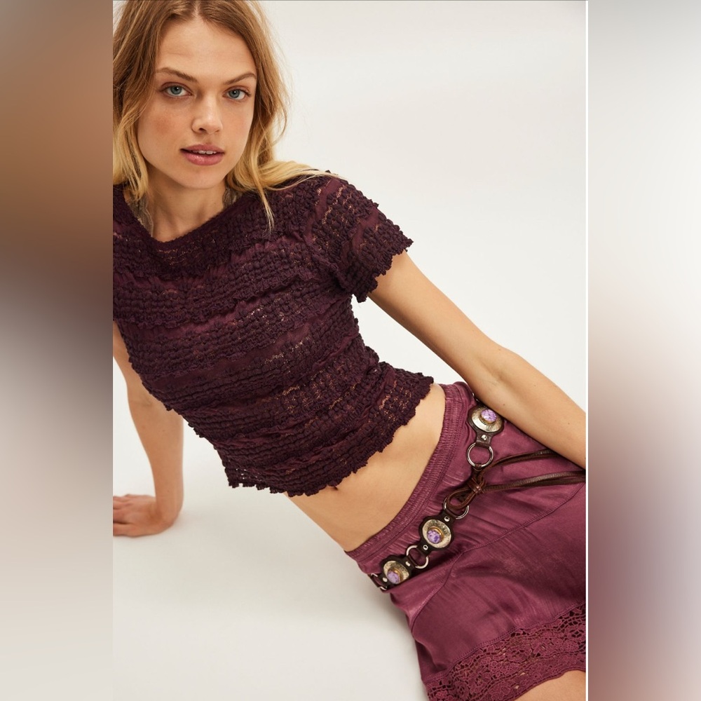 Free People Plum Cropped Lace-Texture Top